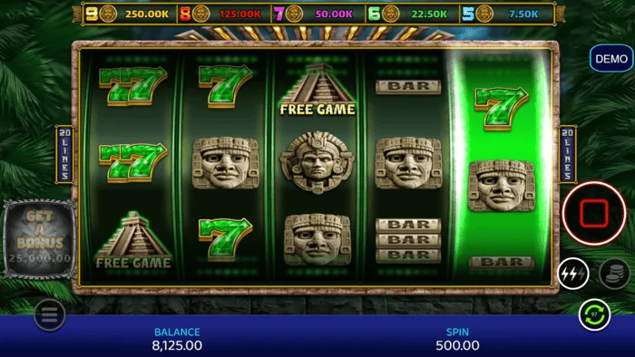 Mayan Madness - pantalla de juego con carretes y líneas